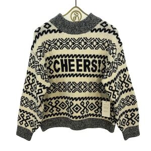 A New Day Fair Isle Cheers Knit Sweater Women's LARGE Cream Black Holiday Winter